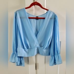 Shein sky blue v neck polyester cropped top with tie back size 2X